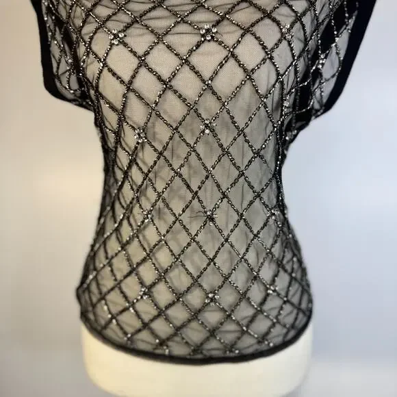 Free People Disco Nights Mesh Beaded Top Black Sheer Rhinestone Festival Unisex - Picture 9 of 16